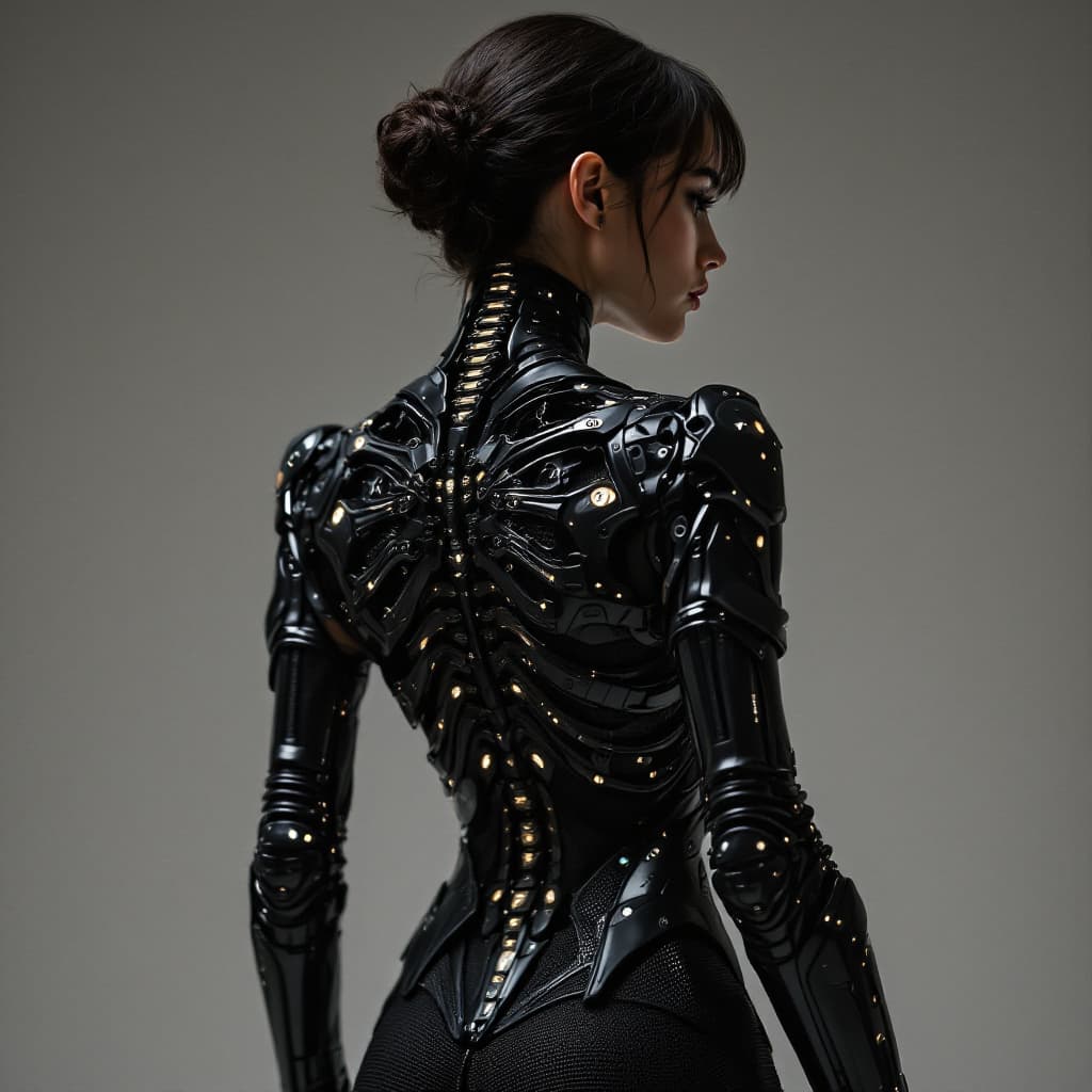 AI generated: photography, woman model, 45-degree angle rear view, detailed exoskeleton jacket, inspired by skelet...