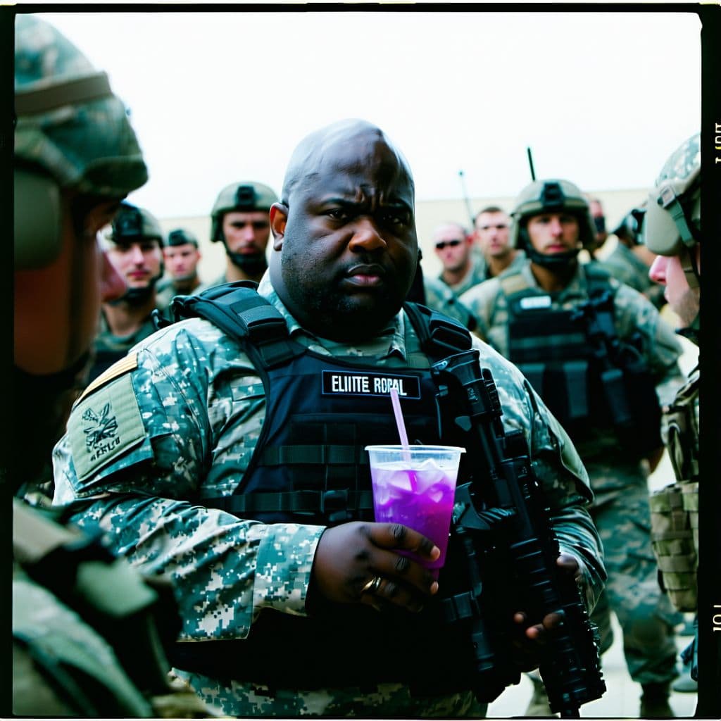 AI generated: grainy 80's photograph quality polaroid of an elite special forces team lead by an obese fat bald fe...