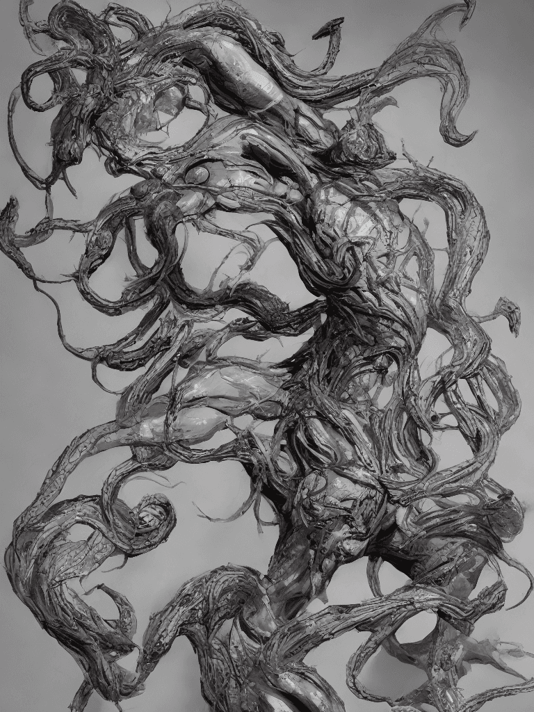 AI generated: drawing pictures///Long shot full body medusa, The skin was stretched all over the body. It had chic...