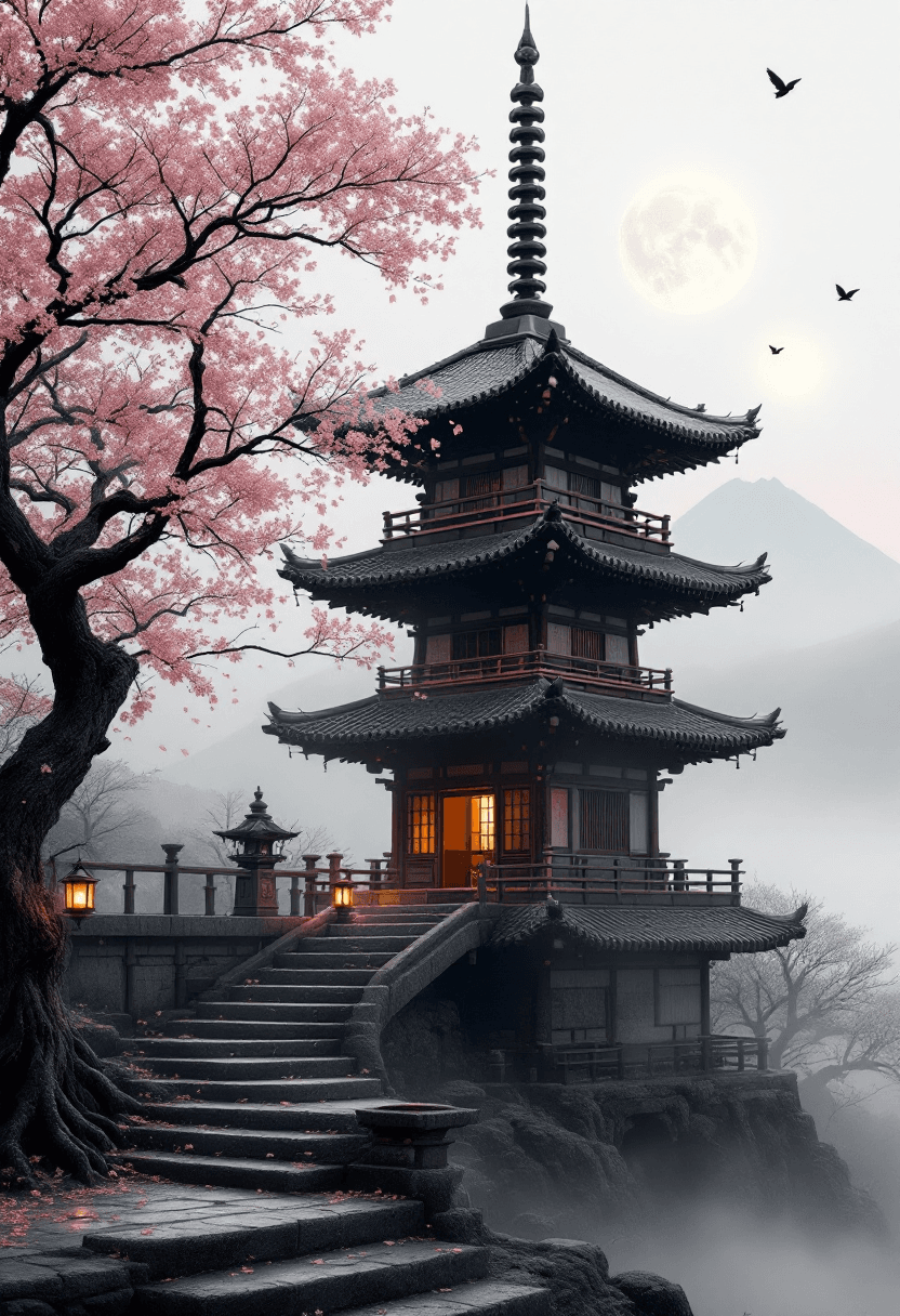 AI generated: A full traditional Japanese pagoda tower, off-center right, fully visible from base to spire, uncrop...
