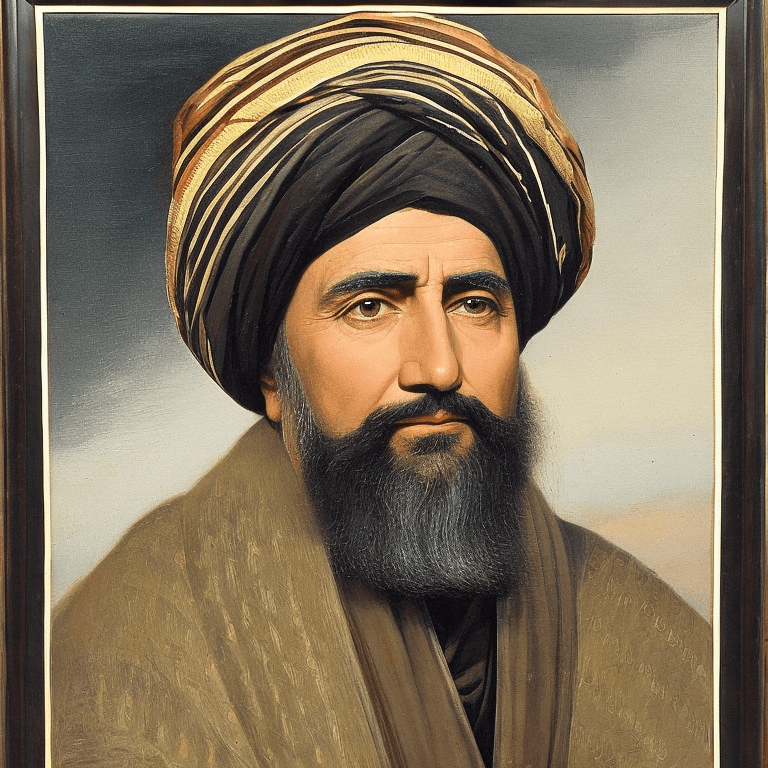 AI generated: The image features an older man with a beard and mustache, sad eyes, wearing a turban and a long rob...