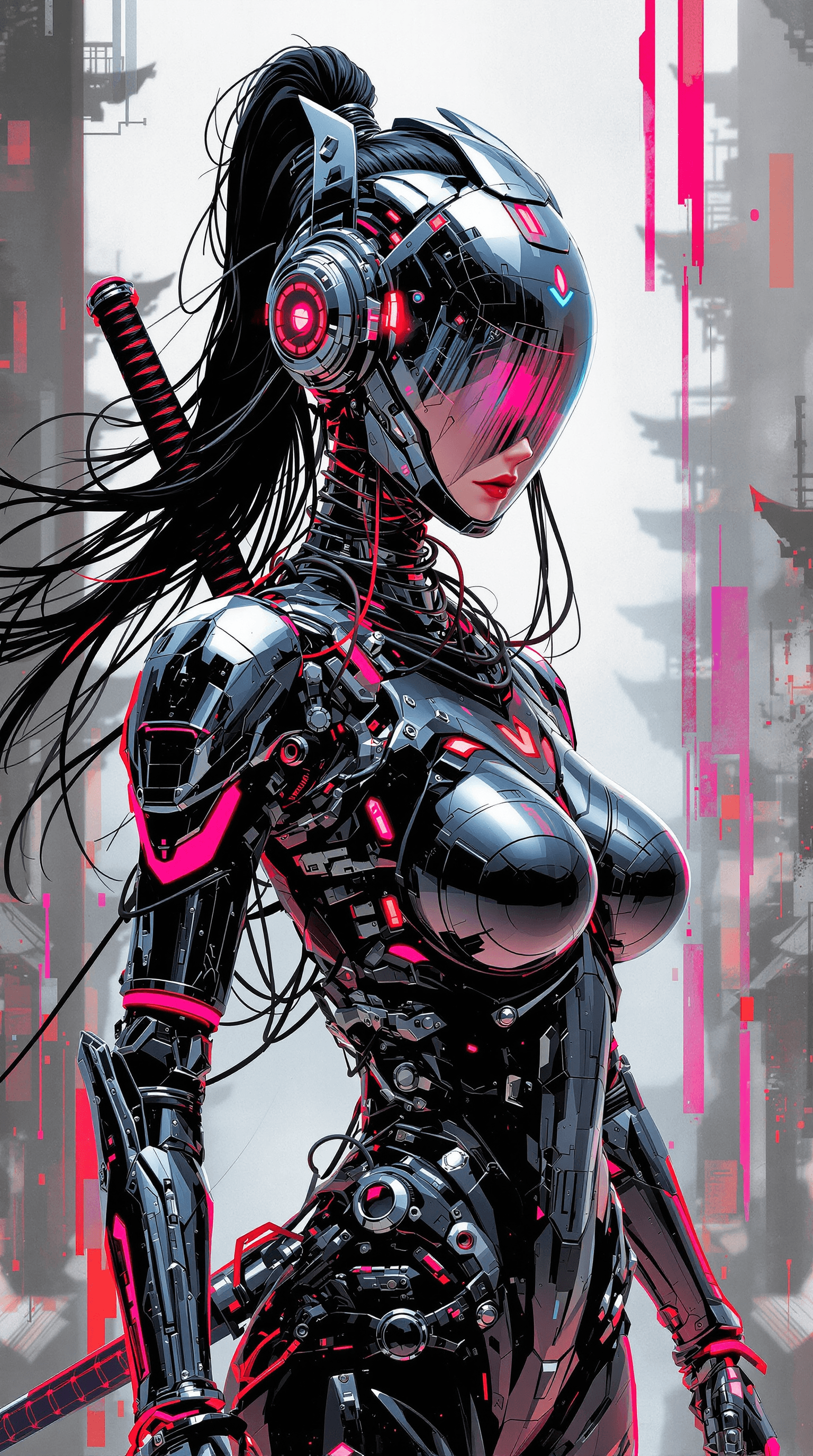 AI generated: in the style of ck-sfc, female cyberpunk robot samurai, robot face with mirrored face shield, hyperd...