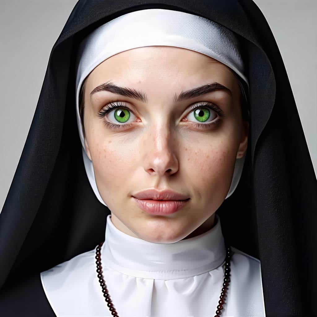 AI generated: close-up of a stunning nun, ultra-realistic portrait, green eyes, brownhead, high quality, no freckl...