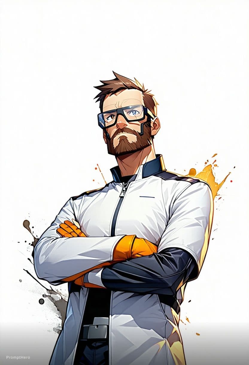 AI generated: High quality portrait of Gordon Freeman from HL2. Art by Makoto Shinkai, Crunchyroll, pixiv, danboor...