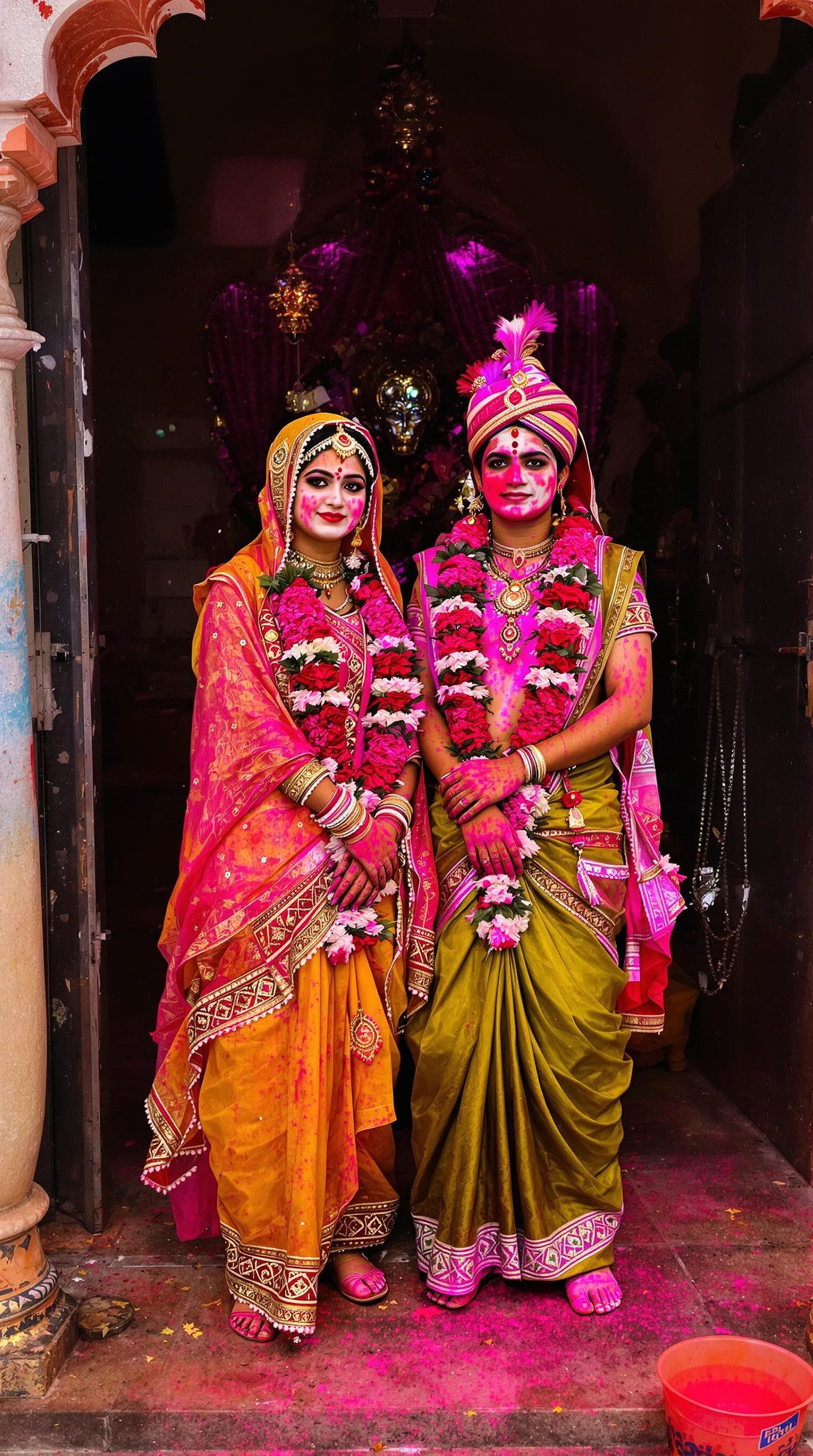 AI generated: Shri Radha and Krishan After playing holi, Wide angle, Shot on Sony A7 mark iii
