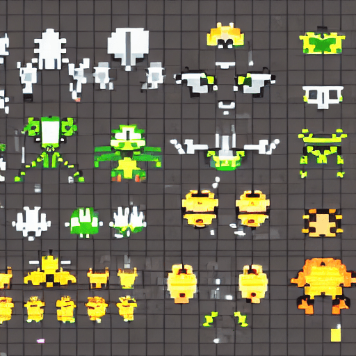 AI generated: game sprite sheet of space invaders aliens and ufos, collection sheet, retro, low poly art, 2d game ...