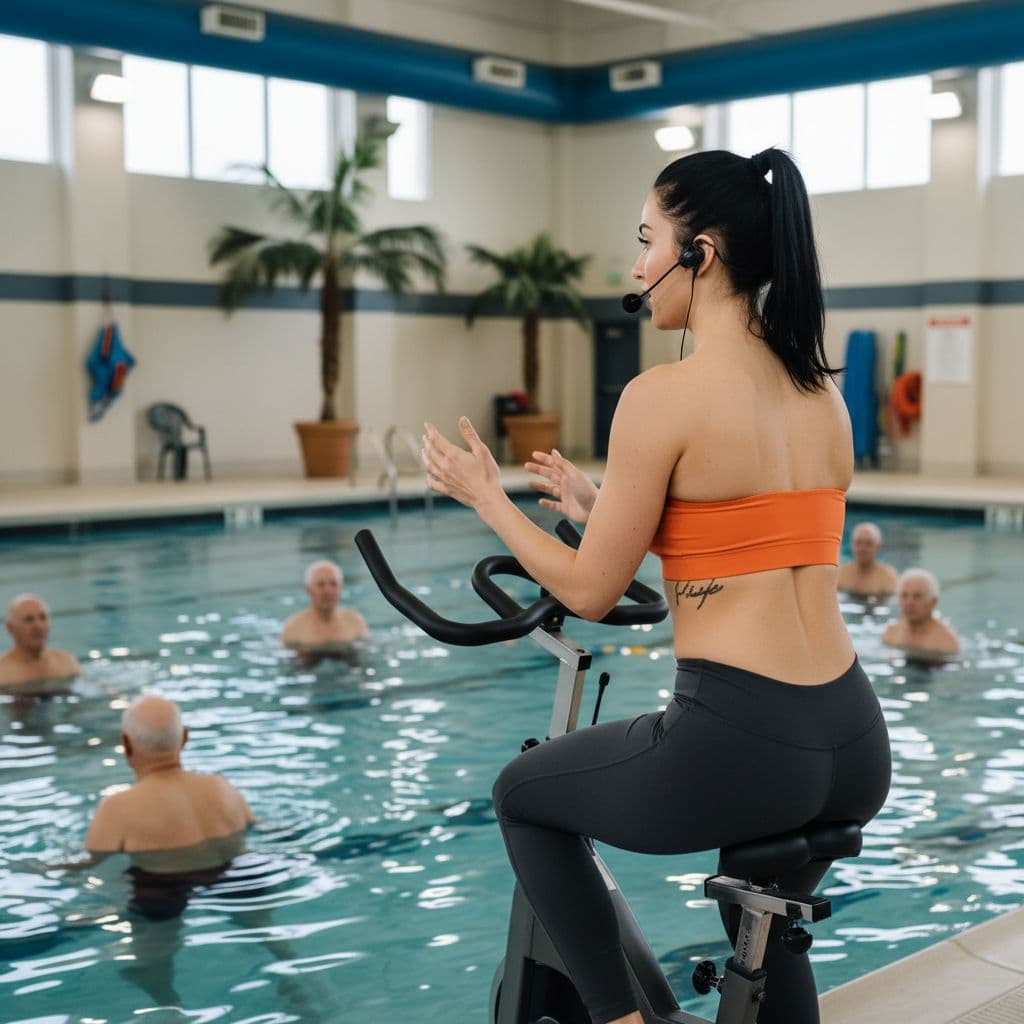 AI generated: A gorgeous fit 26 beautiful year old white girl WATER AROBICS INSTRUCTOR with black hair pulled tigh...