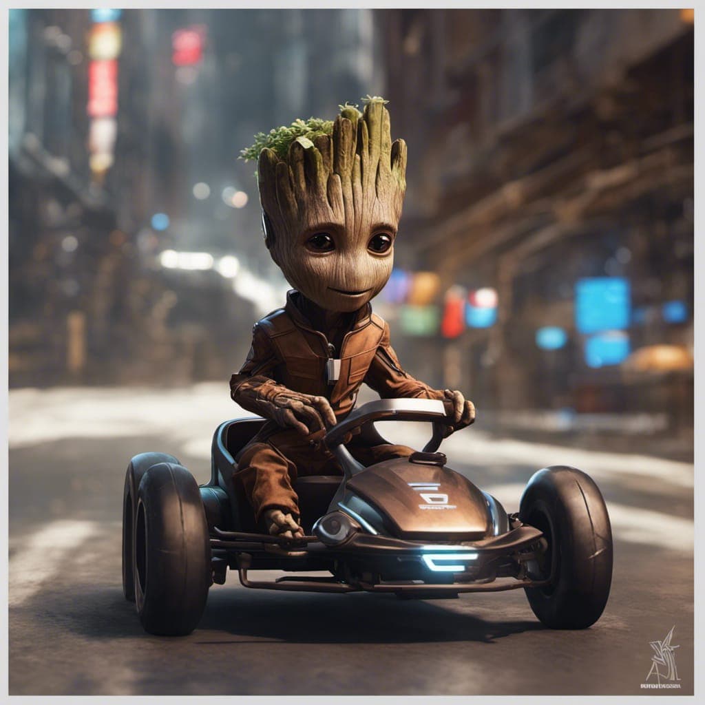 AI generated: dramatic highly detailed render of baby groot driving a go cart, futuristic marvel, by WLOP and Artg...