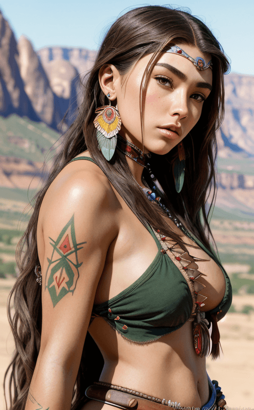 AI generated: mdjrny-v4 style portrait photograph of Madison Beer as Pocahontas, young beautiful native american w...