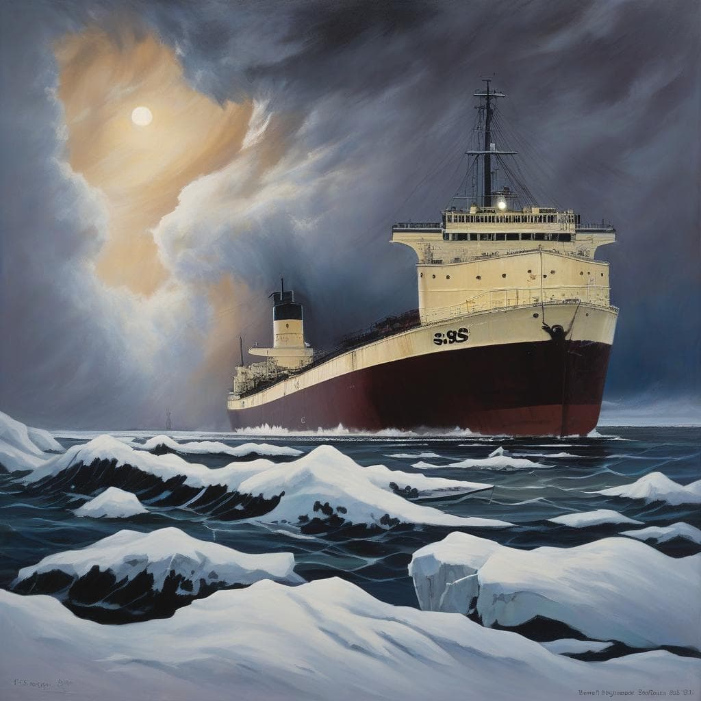 AI generated: a dramatic oil painting captures the Great Lakes ore freighter "SS Edmund Fitzgerald" in a heavy win...