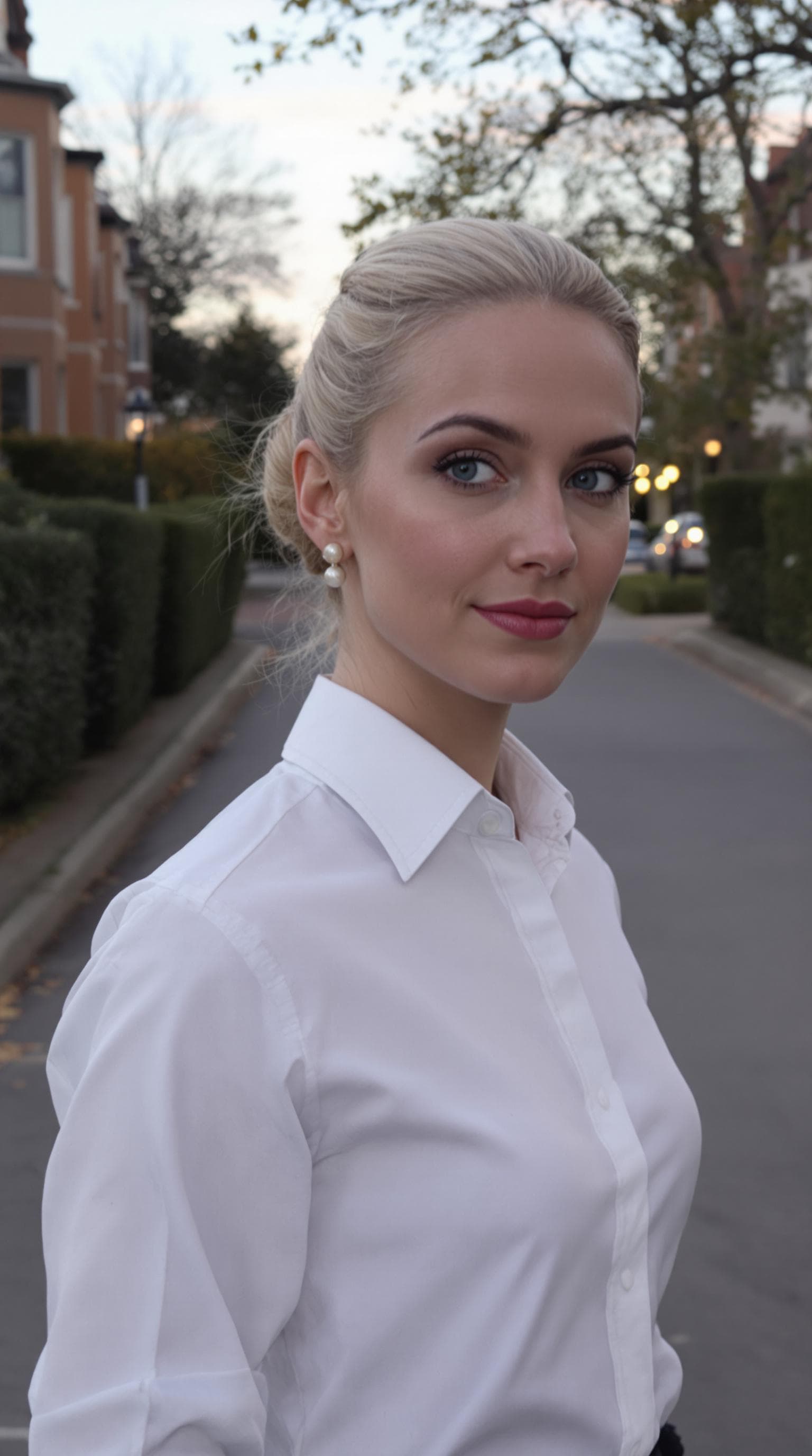 AI generated: A woman with golden blonde hair styled into a flawless chignon, 25yo, her appearance tidy and unders...