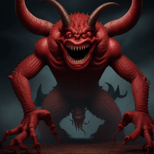 AI generated:  high quality foto of a big red monster, 10 legs, 3 arms, slimy, 3 heads with grimaces and big teeth...