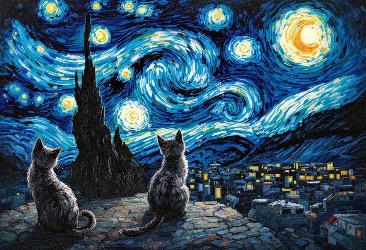 AI generated: Prompt: in the night all cats are gray, style Van Gogh --v 6.1 --ar 16:9 --p 5c7ml69