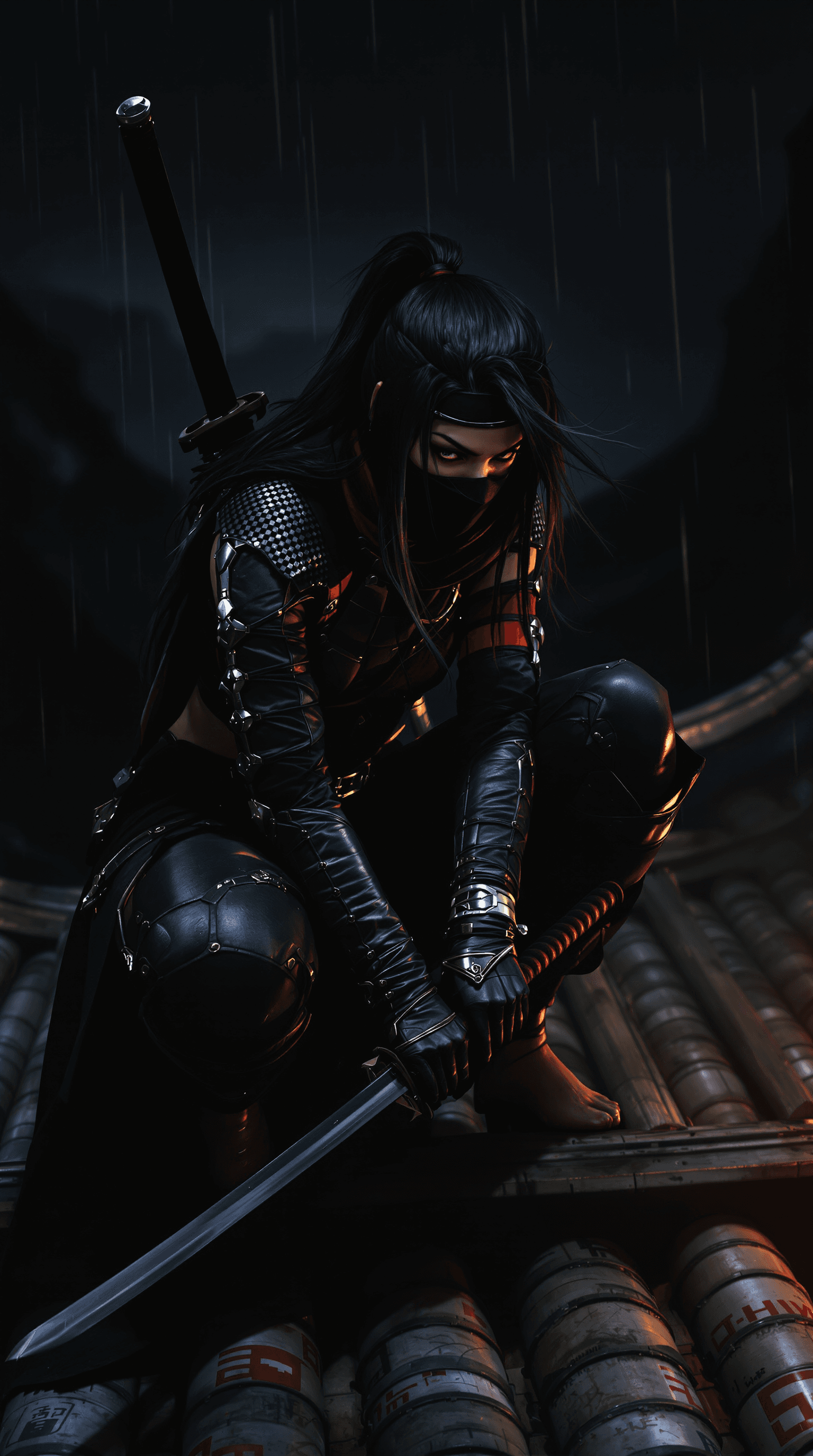 AI generated: Full body view of Female shinobi looking down ready to action, crouching on an oriental roof , maske...