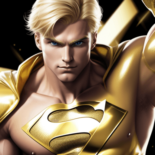 AI generated: male superhero named champion blond hair, gold suit, no symbol on chest
