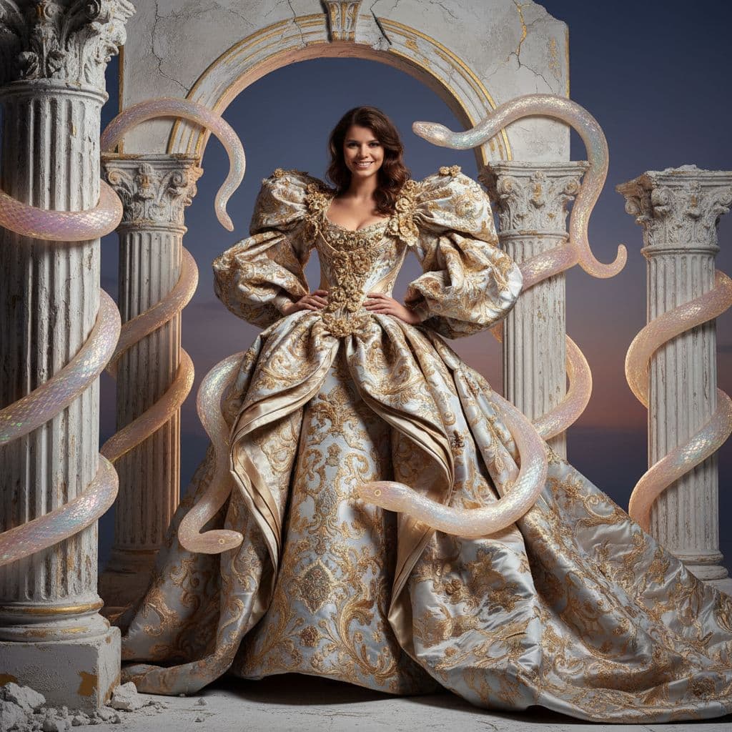 AI generated: Heavenly draping baroque inspired couture gown on glamorous Eatern European woman model, photorealis...