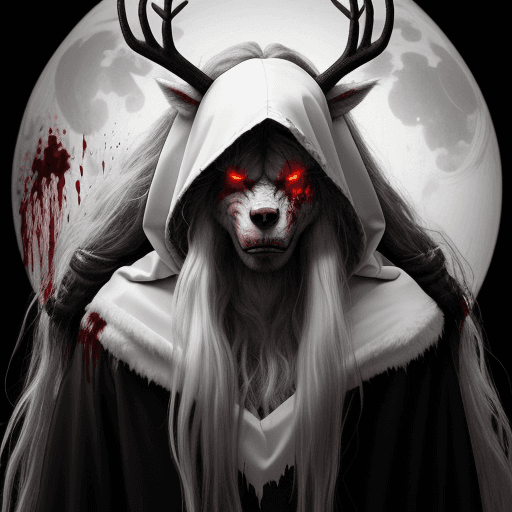 AI generated: Huge werewolf with long white hair. It has large antlers at the top of its head. It's wearing an old...