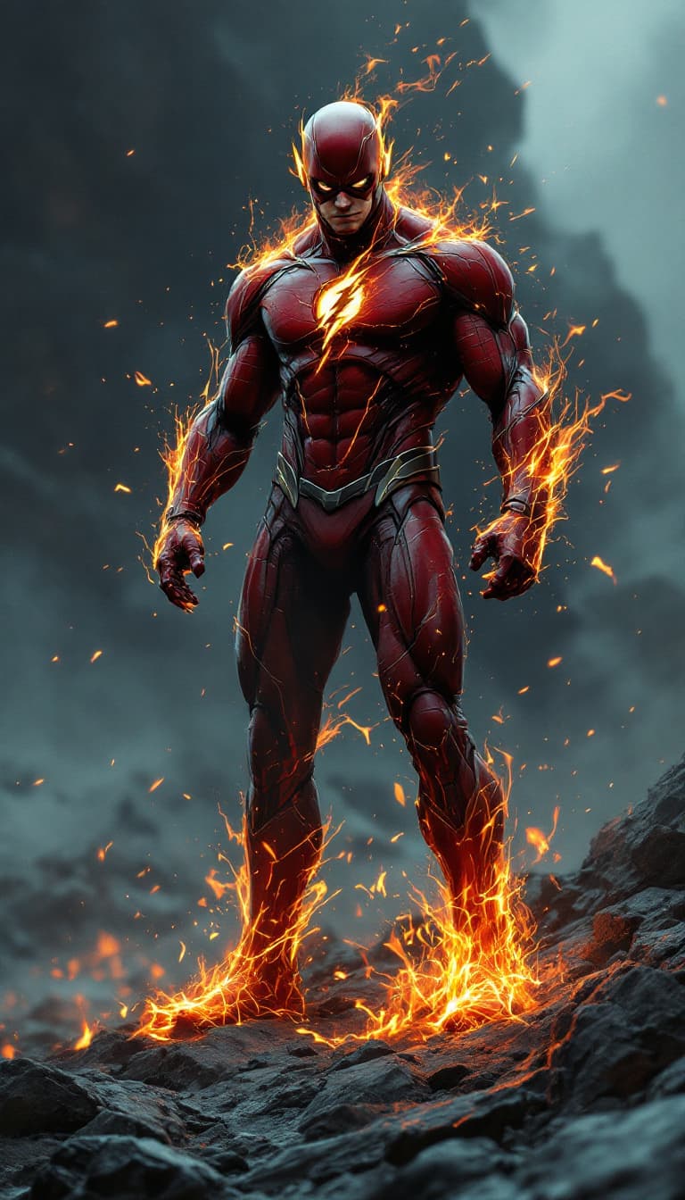 AI generated: Envision a fully body portrait of a flash comic  super hero rising from the ashes, standing on rocky...