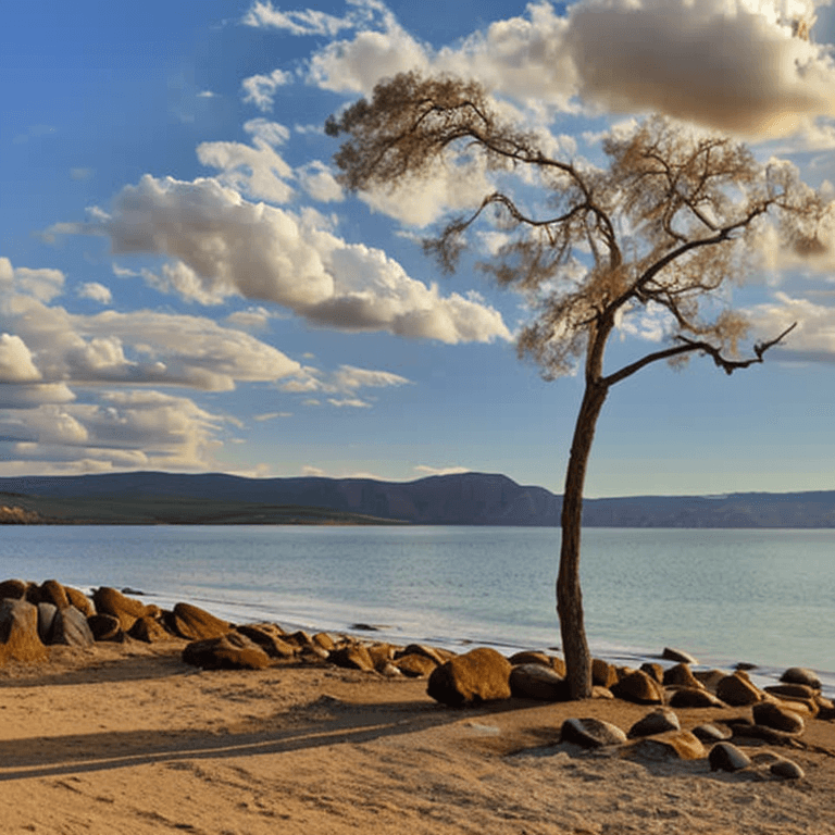 AI generated: oil on canvas, small clouds, 
smooth beach, willow tree, small rocks, 
beautiful setting, early even...