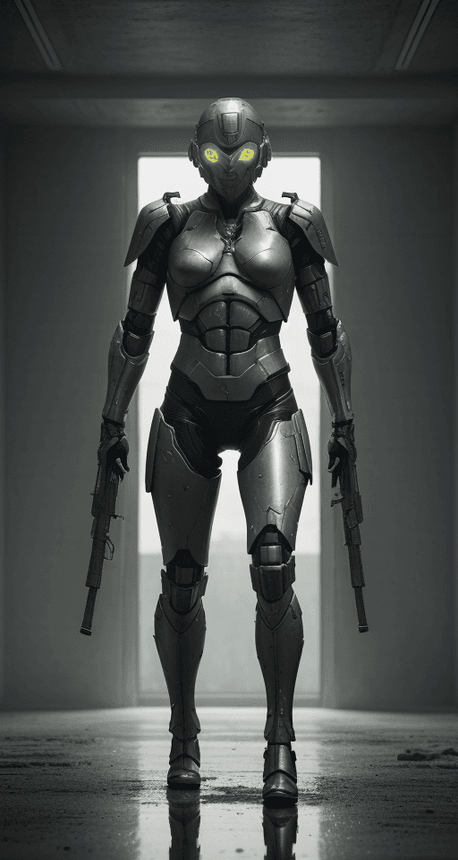 AI generated: Eren jaeger character, anthropomorphic figure, wearing futuristic soldier armor and weapons, reflect...