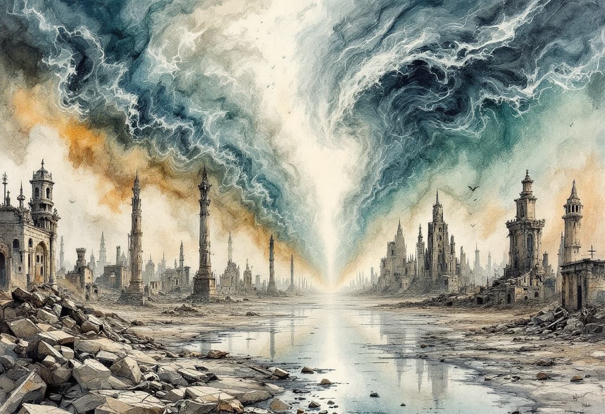 AI generated: surreal epic abstract double exposure fantasy rough hand-painted sketch featuring in the top half of...