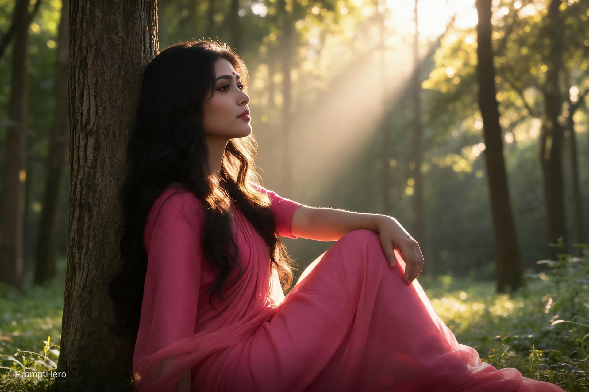 AI generated: A full-body, photorealistic cinematic portrait of a topless woman seated in a sun-drenched forest cl...