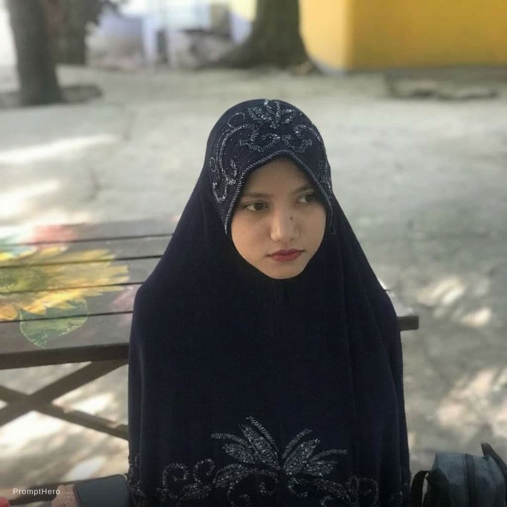 AI generated: woman on this photo take out the hair, wear hijab, maintain the authenticity of his face and pose.