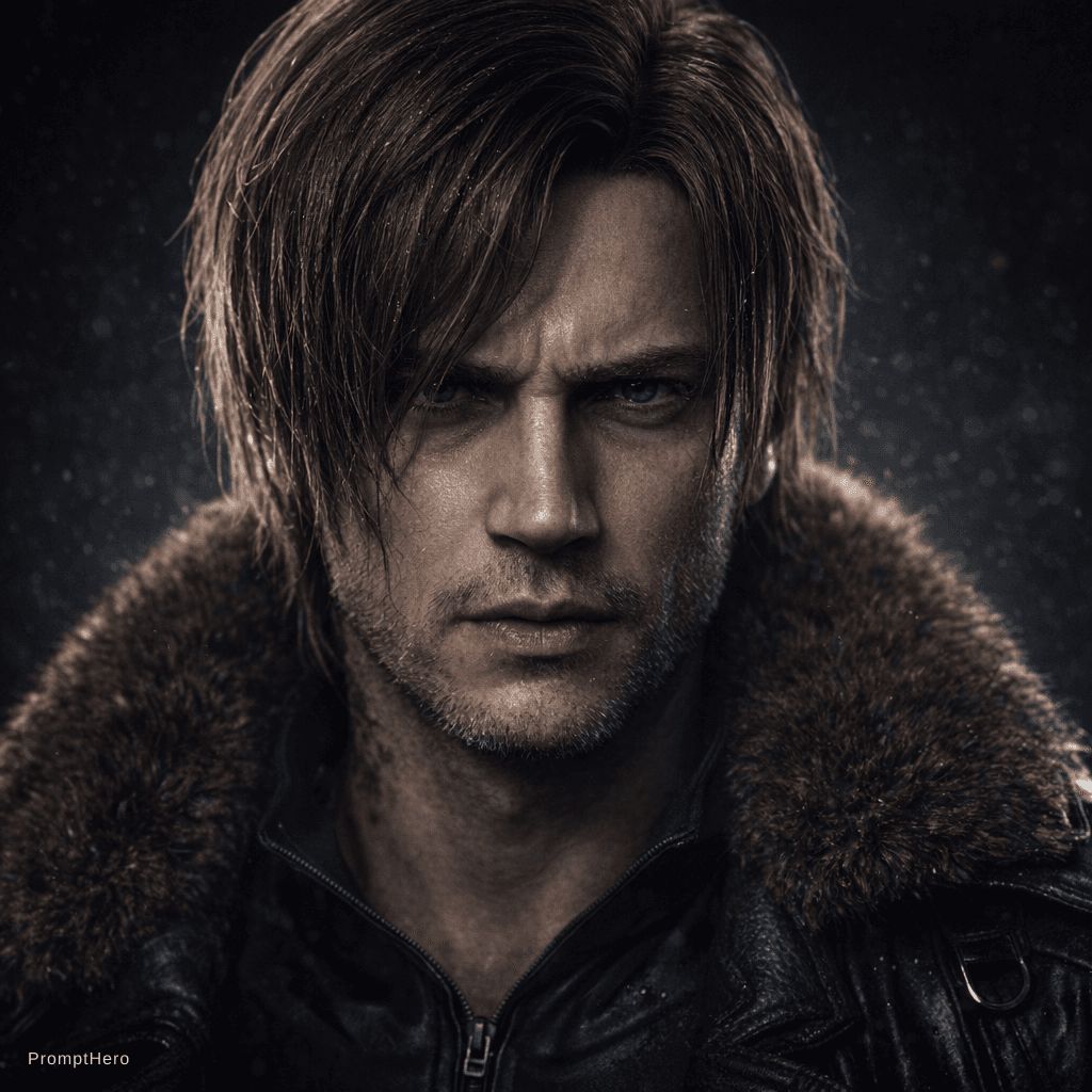 AI generated: Ultra-realistic cinematic portrait of a rugged male character inspired by Resident Evil 4 style, lat...