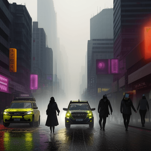 AI generated: city of pollution, with acid rain in the city, realistic, no huge smoke cloud, people walking around...