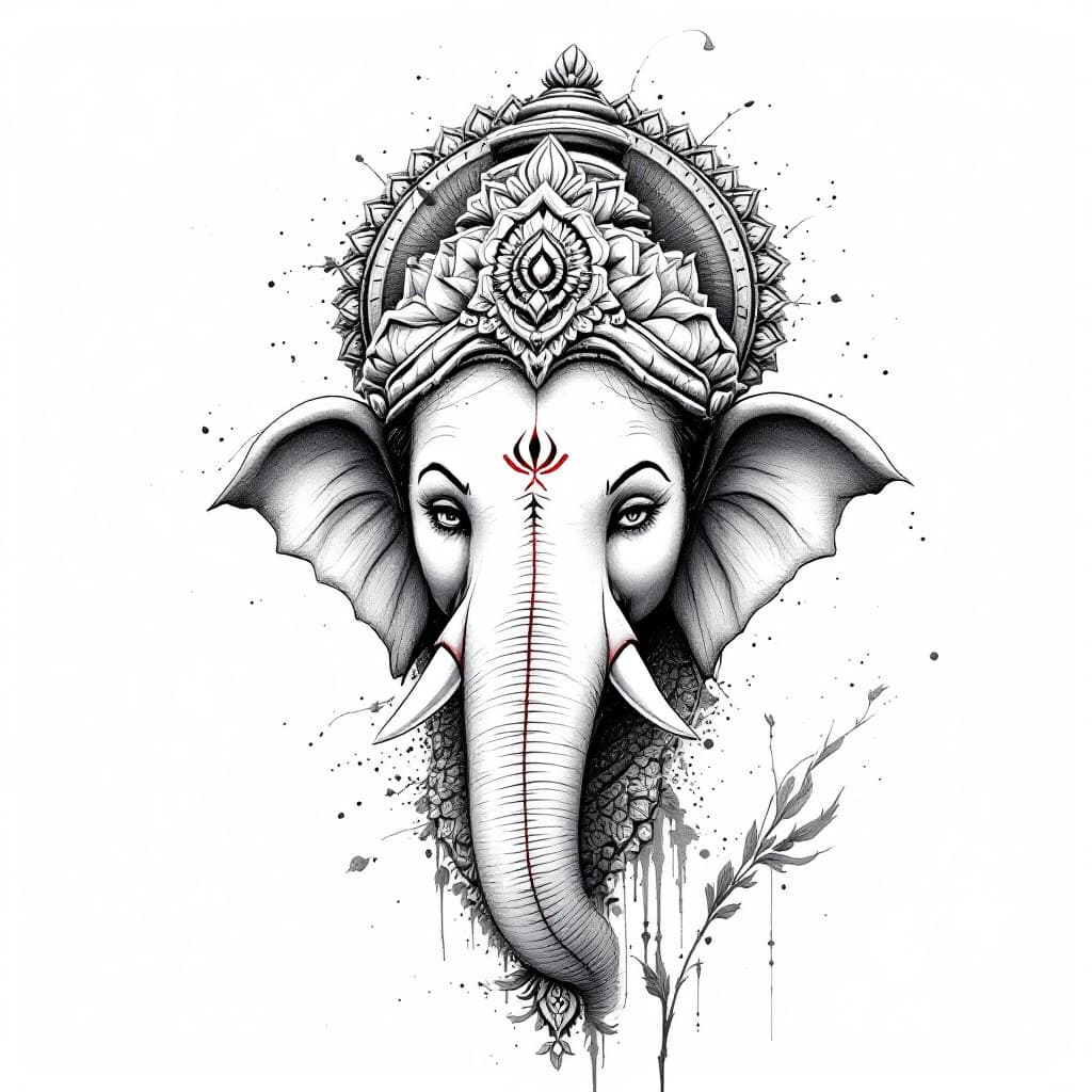 AI generated: hiperrealistic portrait, ink, Lord Ganesh, portrait isolated on white background