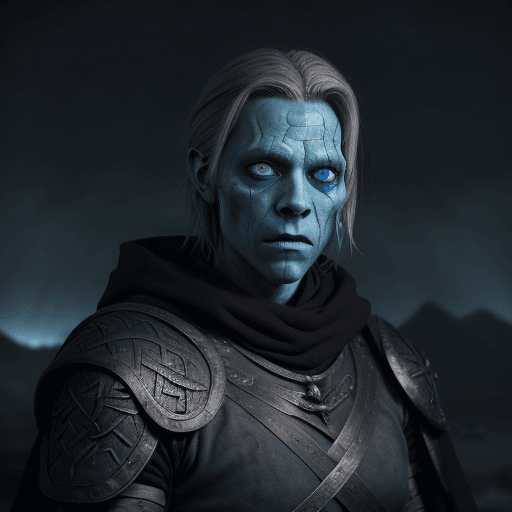 AI generated: a male desiccated norse draugr with flaming blue eyes and a cloak in a dark moonlit background, cine...