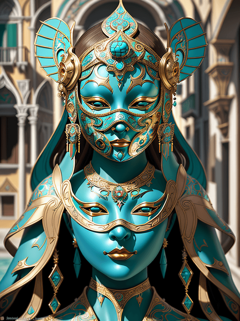 AI generated: a woman wearing an elaborate mask around her face, in the style of vray tracing, cloisonnism, turquo...