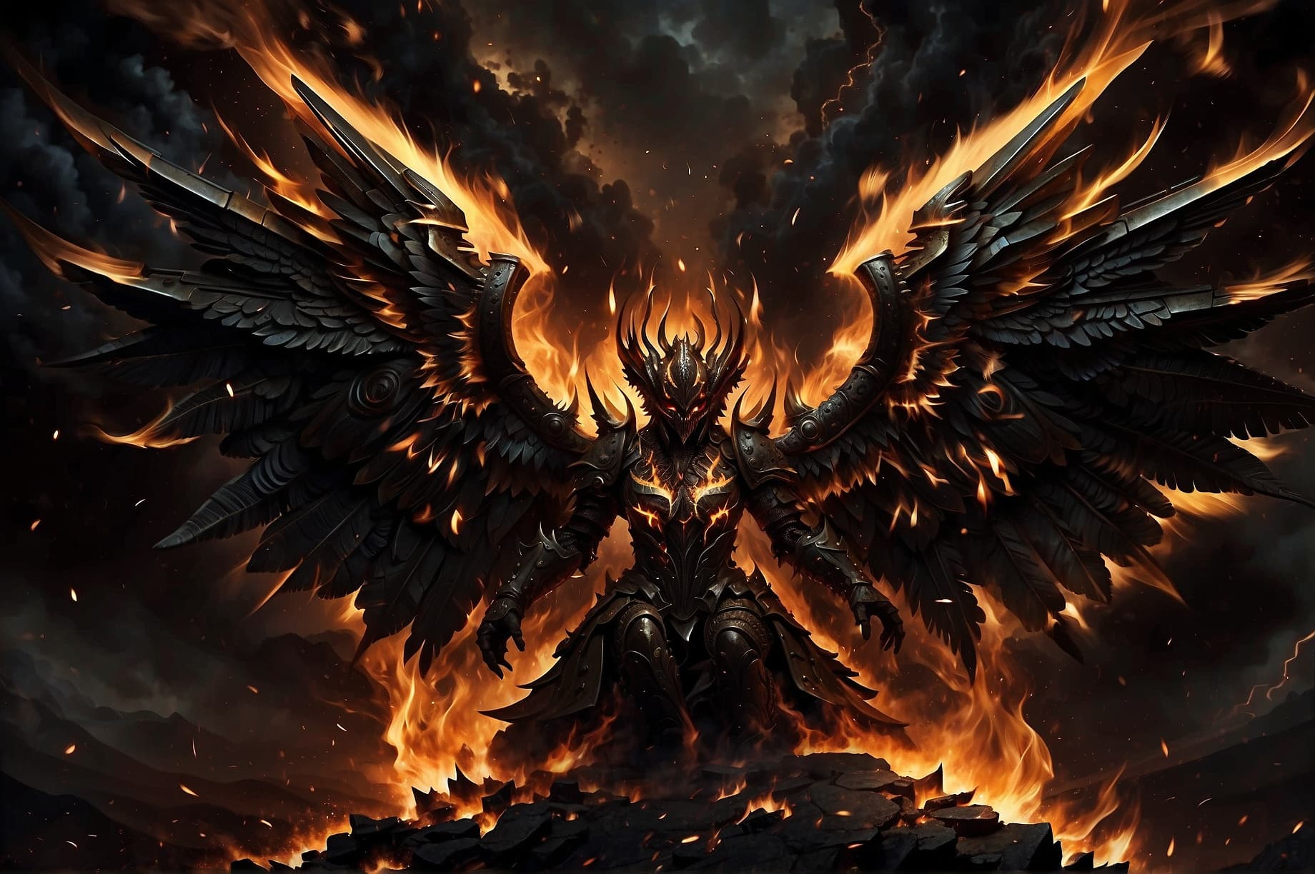 AI generated: Black and gold burning big flames Fenix with Burning wings facing the camera Avatar

