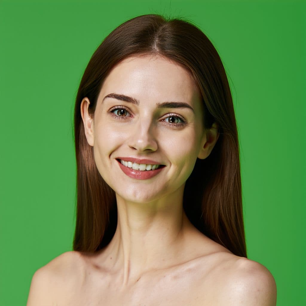 AI generated: A beautiful woman with long, straight brown hair, smiling warmly at the camera. Green background for...