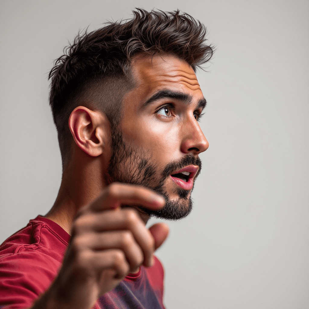 AI generated: hyper-realistic photo of a caucasian man, short burst-taper dark hair, beard, wearing straight-cut b...