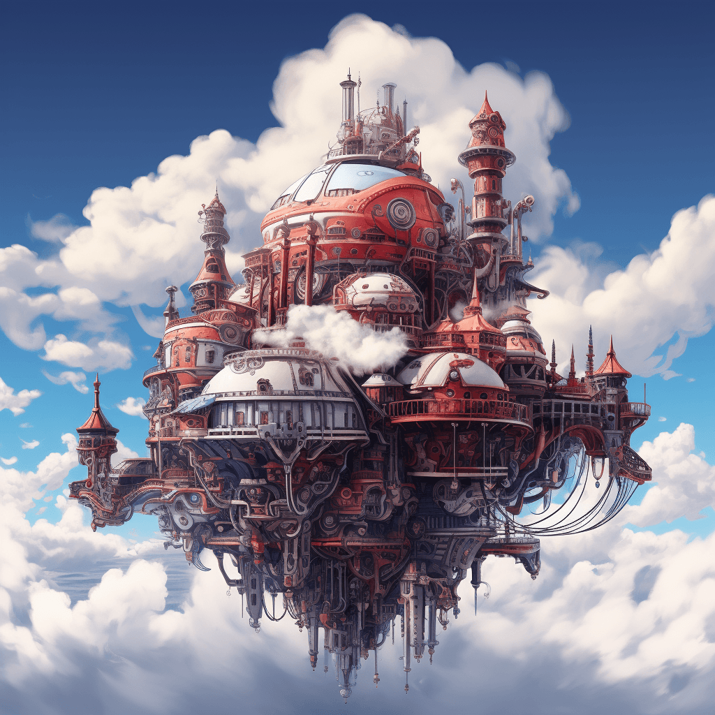 AI generated: futuristic structure which is floating on top of the clouds, red and blue color schema, in the style...