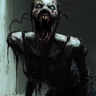 AI generated video: A grotesque creature crawls forward with long, dripping tendrils undulating around it, closeup camer...