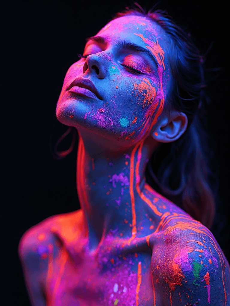 AI generated:  full body ighlyy detailed portrait of a woman with her face and upper body covered in splashes of n...