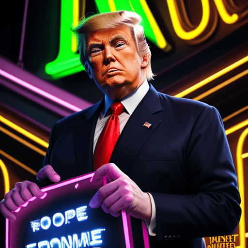 AI generated: President Donald Trump dressed in frog business suit, stares at the camera with a huge smile, and ho...