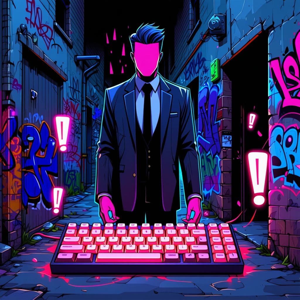 AI generated: a humanoid figure in a full-length formal suit, with curved shoulders and a computer keyboard floati...