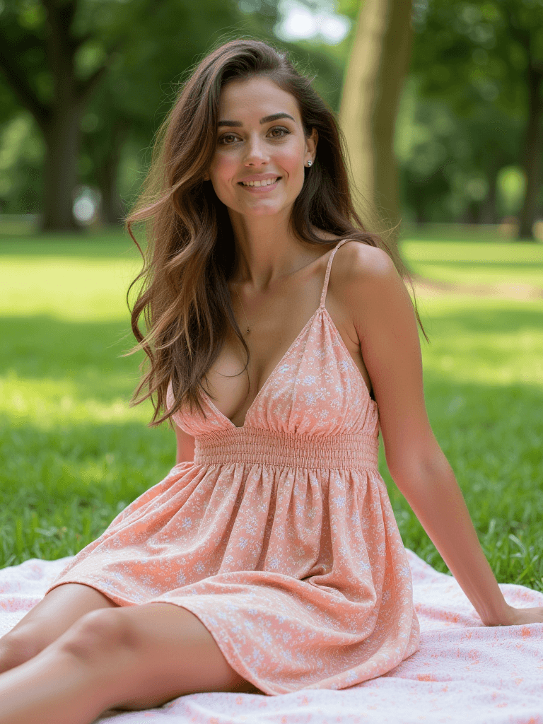 AI generated: A woman with long wavy brown hair, sitting on a picnic blanket in a park, wearing a peach-colored su...