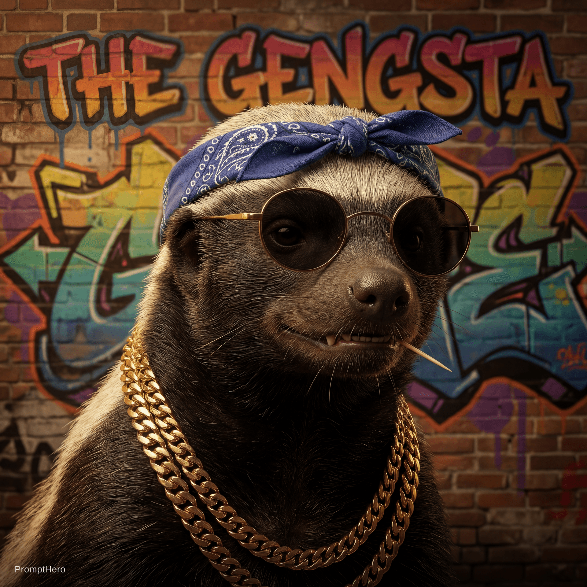 AI generated: A hyper-realistic portrait of a honey badger styled as Snoop Dogg. The honey badger is wearing overs...