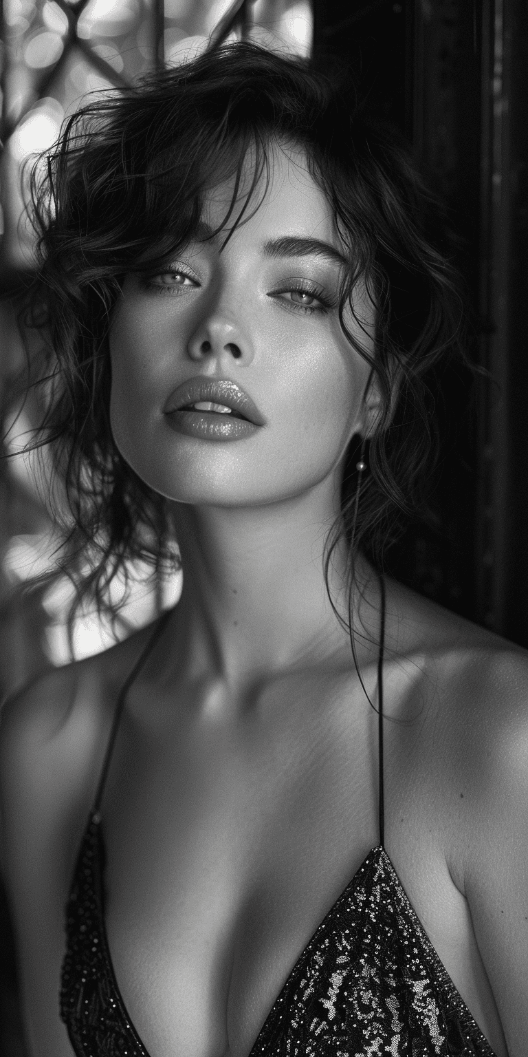 AI generated: A black-and-white photograph of a woman, in the style of romanticized portraits, noir atmosphere, da...