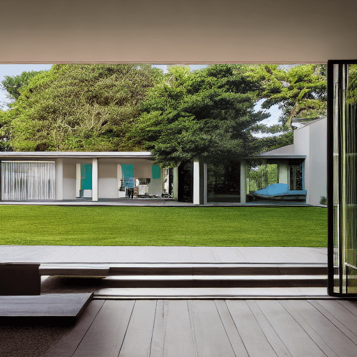 AI generated: Hyper realistic eye level exterior photo of a mid century modern style house overlooking the ocean, ...