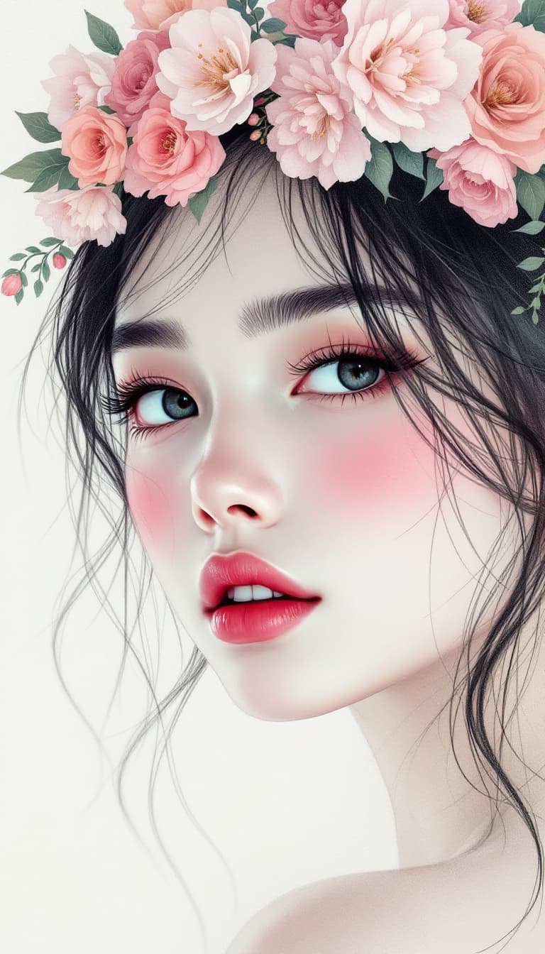 AI generated: drawing an artistic digital image of a girl that has flowers in the crown, in the style of frank cho...
