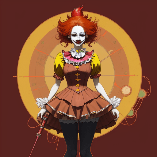 AI generated: a woman dressed as a clown with red hair, in the style of magical girl, colorful moebius, light yell...