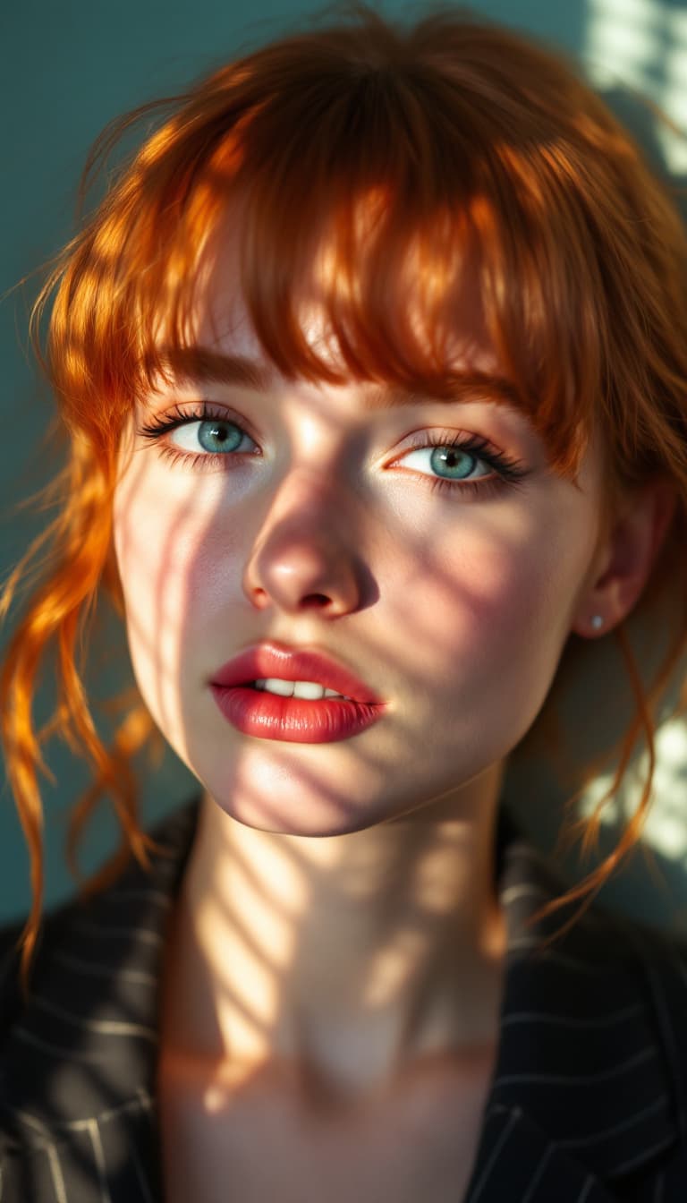 AI generated: Close-up portrait of a 20-year-old redhead woman with bangs, illuminated by the soft, warm afternoon...