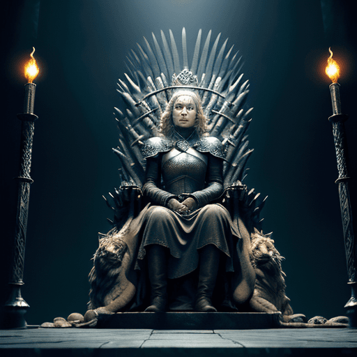 AI generated: Game Of Thrones tv still, lion cat as queen cersei wearing a crown and sitting in a throne made of m...