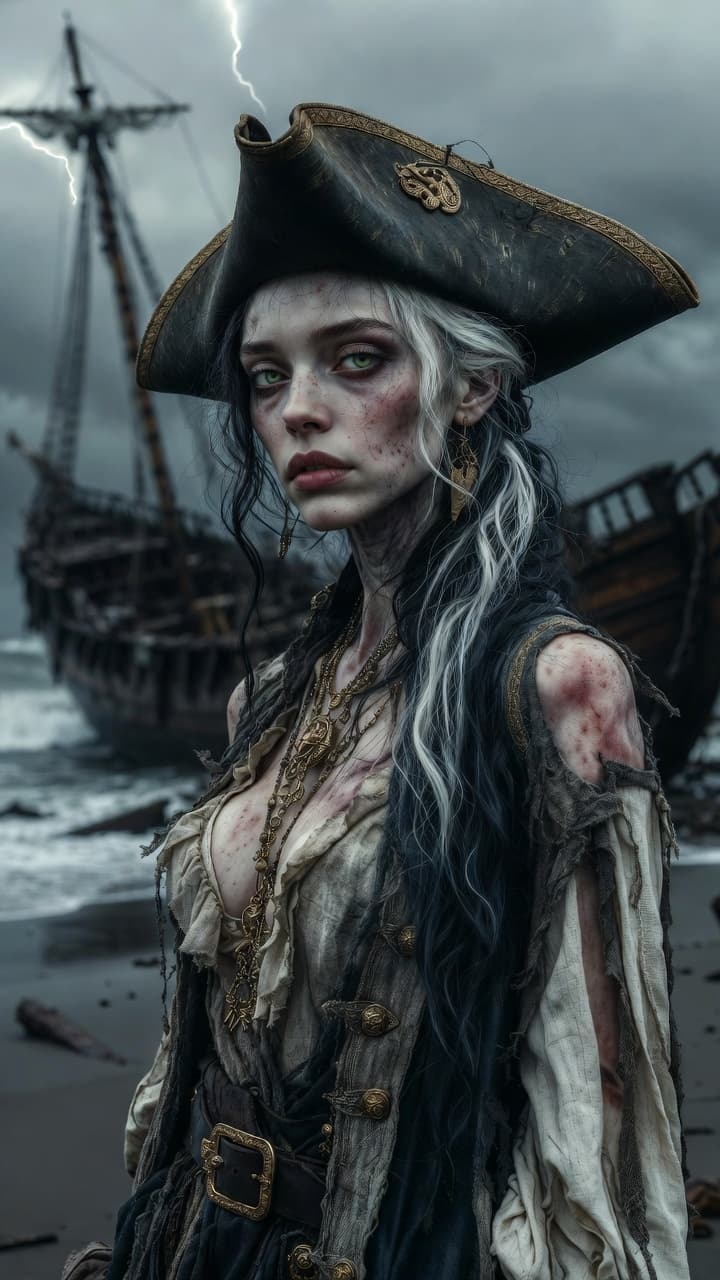 AI generated: "A hauntingly beautiful female pirate captain with pale skin, long wavy white and black hair, striki...