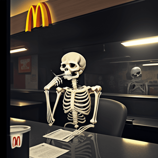 AI generated: a skeleton wizard smoking in the mcdonalds kitchen
